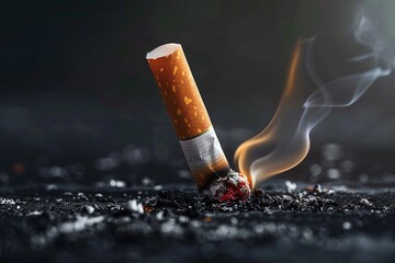 Cigarette butts on black background with smoke, close up, Ai Generated - obrazy, fototapety, plakaty