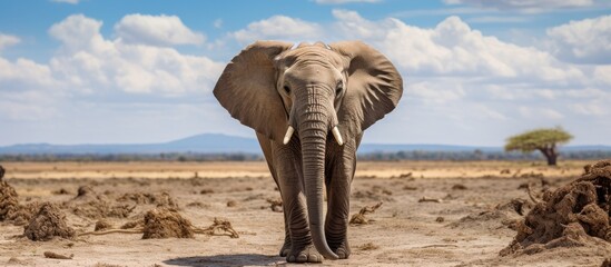 An elephant, a terrestrial animal, stands in the middle of a desert ecoregion, its tusk and snout visible, with the sky and clouds above creating a natural landscape backdrop