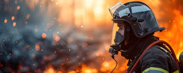 Küchenrückwand glas motiv firefighter with helmet and air mask against fire flames in blur background © Filip