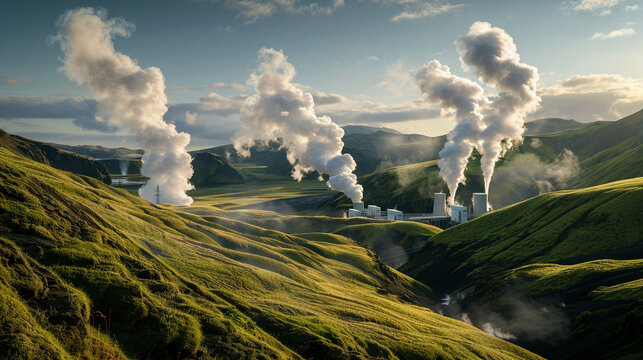 Geothermal Power Plant Landscape with Rising Steam