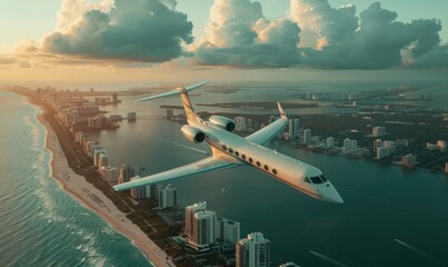 A luxury private jet flying, Miami vibe - obrazy, fototapety, plakaty