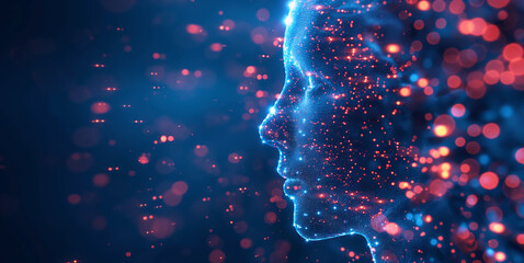 Digital holographic Human head silhouette on blue bokeh background - Powered by Adobe