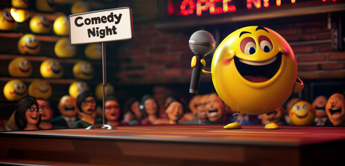 A 3D round yellow cartoon bubble emoticon standing on a stage with a microphone, performing a...