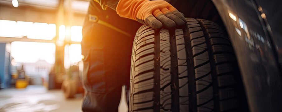 Mechanic holding a tire detail. Replacement of used to new summer tires. banner
