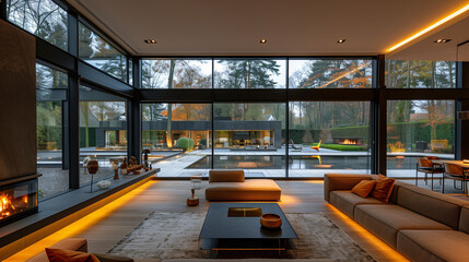 Modern living room with large windows, contemporary furniture, and warm ambient lighting. - obrazy, fototapety, plakaty