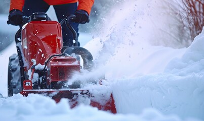 Cleaning snow using a snowblower on winter road