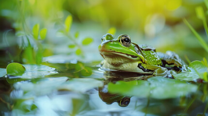 Obraz premium A green frog, a symbol of vitality and tranquility, gracefully dwells in the serene waters of a natural lake or river.