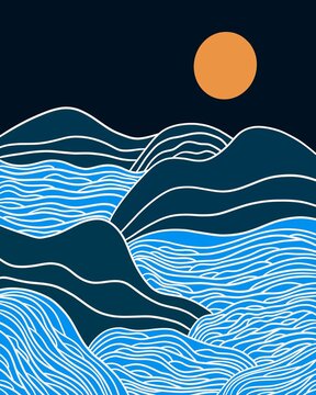 Blue Horizon: Abstract Mountain Lines with Sunburst Radiance