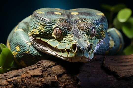 A lithe green tree python draped over the sturdy branch of a towering tree, its emerald scales blending seamlessly with the verdant foliage