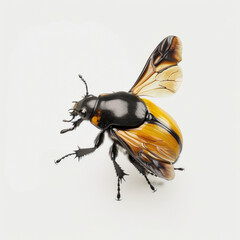 Black And Yellow Beetle Opening The Wings To Fly, Isolated On a White Background, Angle View