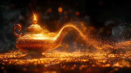 Aladdins mysterious lamp with glowing fire and gold sparkles on magic background