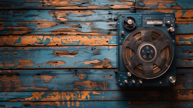 Vintage reel-to-reel tape recorder on distressed blue wooden background.
