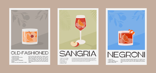 Sex on the beach, Old Fashioned and Sangria Classic Cocktail recipe with ingredients. Summer aperitif wall art. Garnish alcohol beverage graphic print. Minimalist vertical poster. Vector illustration.