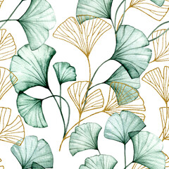 watercolor seamless pattern with transparent ginkgo leaves and gold leaves