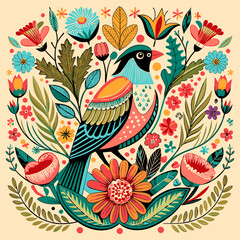 Obraz premium Nature painting bird floral sketch classical flat design symmetrical drawing 