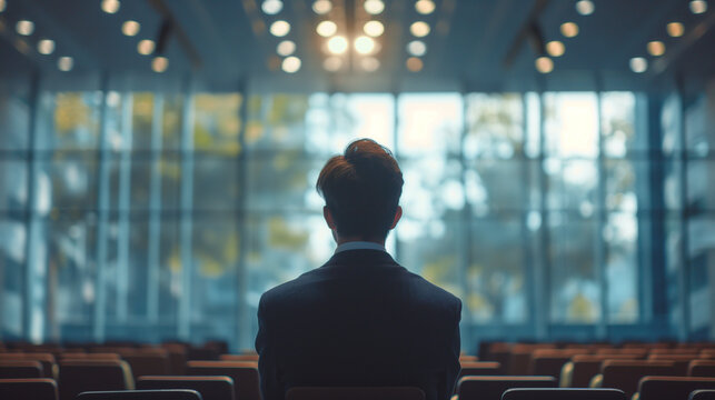 Business concept. Manager rehearsing in empty meeting room. Image of a male manager taken from behind.