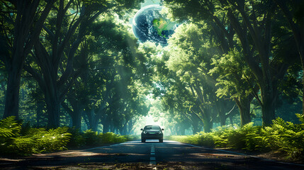 Eco-conscious car journeying through forest landscape, promoting ecosystem health and sustainable travel - obrazy, fototapety, plakaty