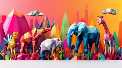 Colorful low poly backdrop showcases geometric animals in vibrant ecosystem