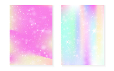 Kawaii background with rainbow princess gradient. Magic unicorn hologram. Holographic fairy set. Spectrum fantasy cover. Kawaii background with sparkles and stars for cute girl party invitation.