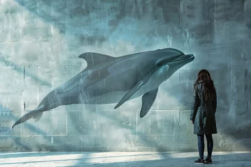 Zelfklevend Fotobehang A woman stands in front of a wall with a dolphin on it © mila103