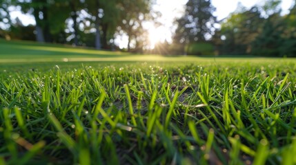 Close-up of freshly mowed lush green grass, showcasing the perfection of even trimming and vibrant texture. The image highlights the concept of lawn care.