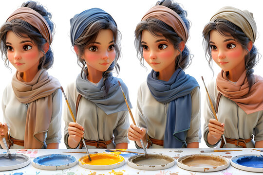 A 3D animated cartoon render of a young girl creating a masterpiece with paint.
