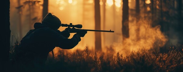 Hunter in holding rifle and shooting at evening forest. Silhouette is aiming his shotgun at animal - obrazy, fototapety, plakaty