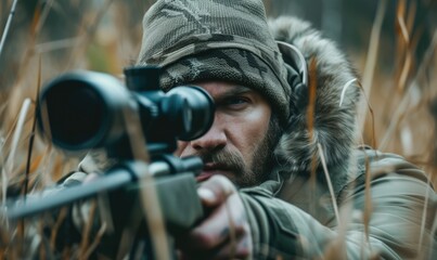 Hunter aiming rifle and looking through a sniper scope with blur forest background. aiming wild animal concept - obrazy, fototapety, plakaty