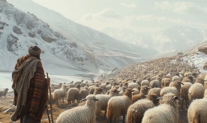 large flock of cashmere sheep in himalaya mountains. A herd of sheep on pastures - obrazy, fototapety, plakaty
