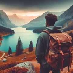 Backpacker looks over beautiful vista of a lake sitting in a valley
 - obrazy, fototapety, plakaty
