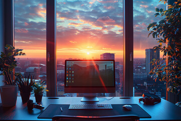 Home Office Interior: Computer Desk and Chair Setup with Stunning Window View - obrazy, fototapety, plakaty