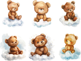 Watercolor clipart with cute bears on a cloud
