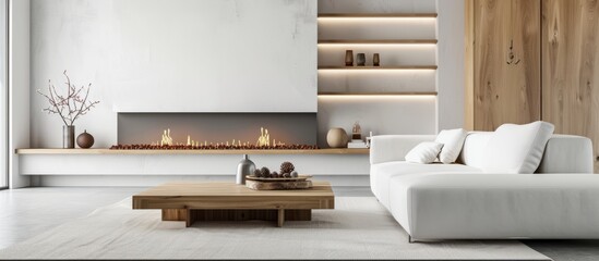 A modern living room with a white sofa and wood grain fireplace, featuring soft lighting