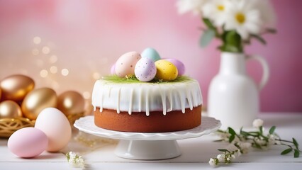 Traditional Easter cake or sweet bread, Easter eggs, white flowers. Easter treat, symbol of the holiday