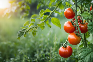 Close-up of ripe growing tomato berries. Fresh eco farm field with ripe red tomatoes on branches....
