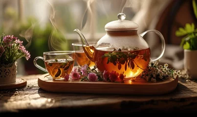 Draagtas Cup of hot tea and wild flowers on wooden table. Various tea concept © Filip