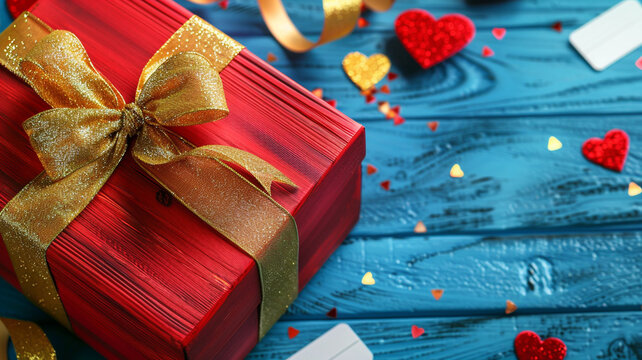 Close-up of a red gift box adorned with gold ribbon, surrounded by decorative hearts on a vibrant blue wooden background.