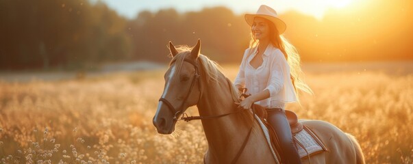 Cowboy woman on riding on horse. Beautiful cowgirl posing on prairie in sunset light. banner. - obrazy, fototapety, plakaty