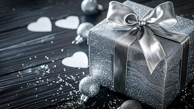Close-up of a silver gift box tied with a bow, accompanied by glistening heart ornaments on a glossy black wooden background.