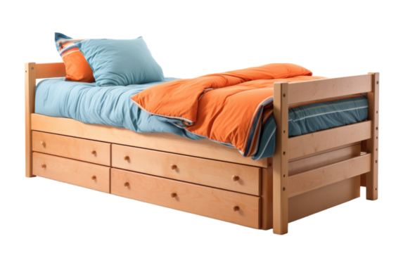 Wooden bed frame with hidden drawers below