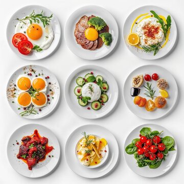 A top-down image showcasing nine meticulously arranged plates with a variety of breakfast foods