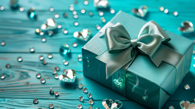 Close-up of a teal gift box accented with a satin bow, surrounded by sparkling heart-shaped gems on a glossy turquoise wooden background.