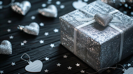Close-up of a silver metallic gift box gleaming under soft lighting, surrounded by elegant heart-shaped ornaments on a sleek black wooden background.