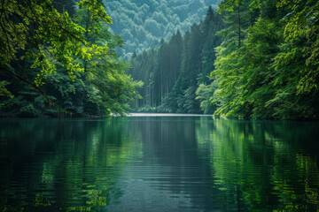 A serene and peaceful scene of a river surrounded by lush green trees