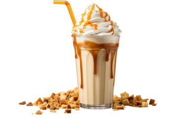 A milkshake topped with caramel drizzle and fluffy whipped cream