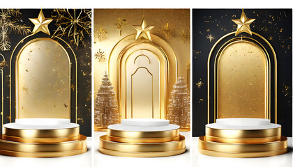 Set of holiday Christmas showcase backgrounds with 3d podiums, arch and christmas star. Generative AI. - obrazy, fototapety, plakaty