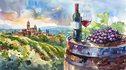 Watercolor illustration of a wine bottle, glass and grapes on a barrel with a view of the vineyard and a distant castle on the hill