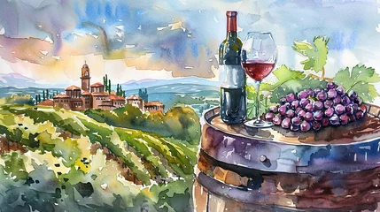 Fotobehang Watercolor illustration of a wine bottle, glass and grapes on a barrel with a view of the vineyard and a distant castle on the hill © Elen Nika
