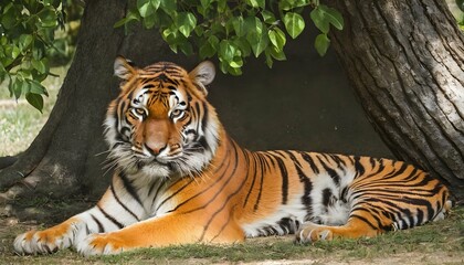 A Tiger Resting In The Shade Of A Tree