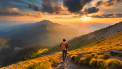 Foto op Plexiglas hiking in the mountains. sunset in the mountains. Mountain travel hike people adventure man summer © JaroslawBokotei 